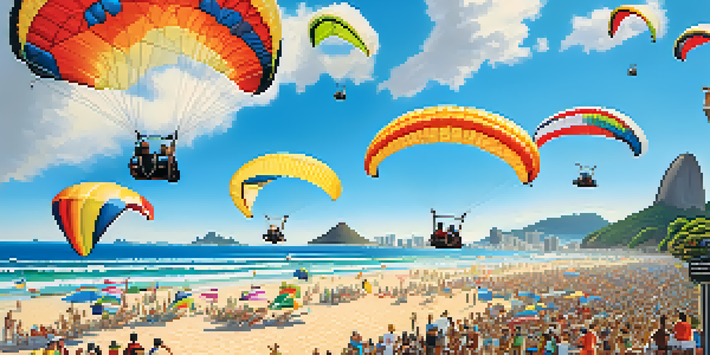 A colorful paragliding festival in Rio de Janeiro with paragliders flying over the beach and iconic landmarks in the background.