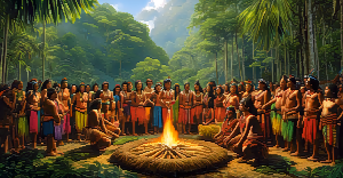 A traditional Amazonian tribe celebrating with a dance around a fire in a lush rainforest, showcasing vibrant attire and a sense of community.
