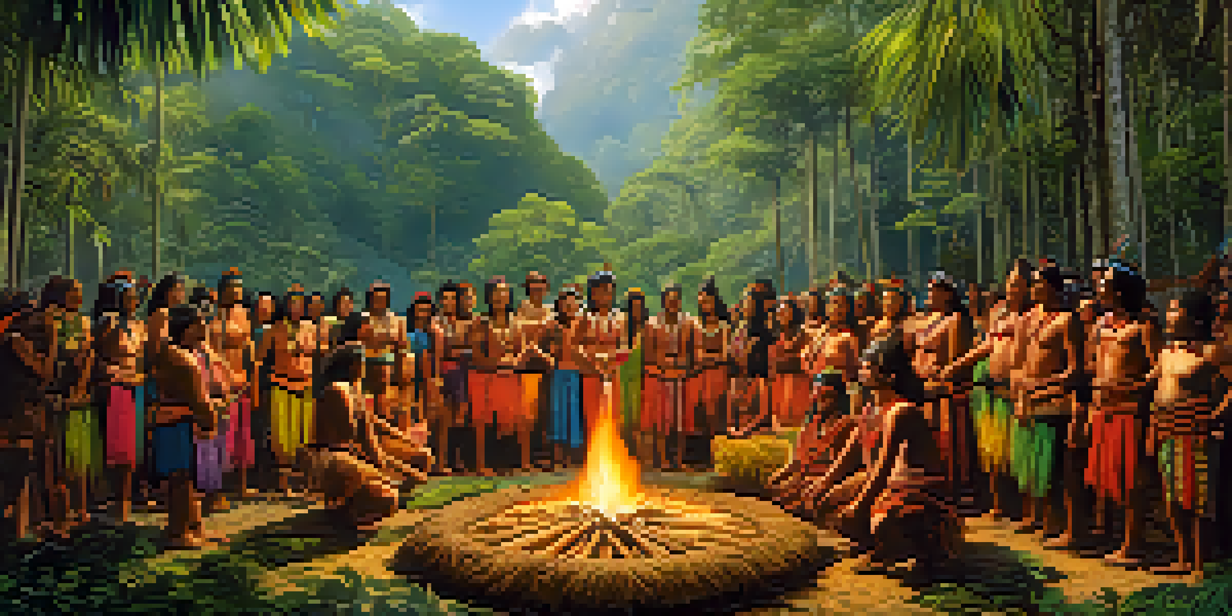 A traditional Amazonian tribe celebrating with a dance around a fire in a lush rainforest, showcasing vibrant attire and a sense of community.