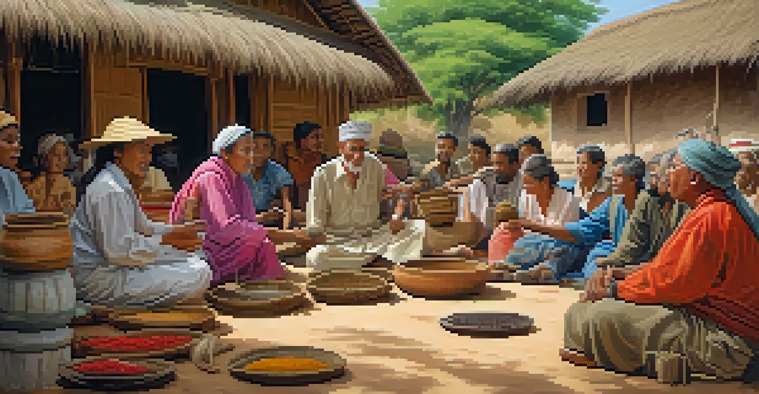 A local community leader sharing traditions with eco-tourists in a vibrant village, surrounded by crafts and nature, emphasizing cultural heritage and eco-tourism.