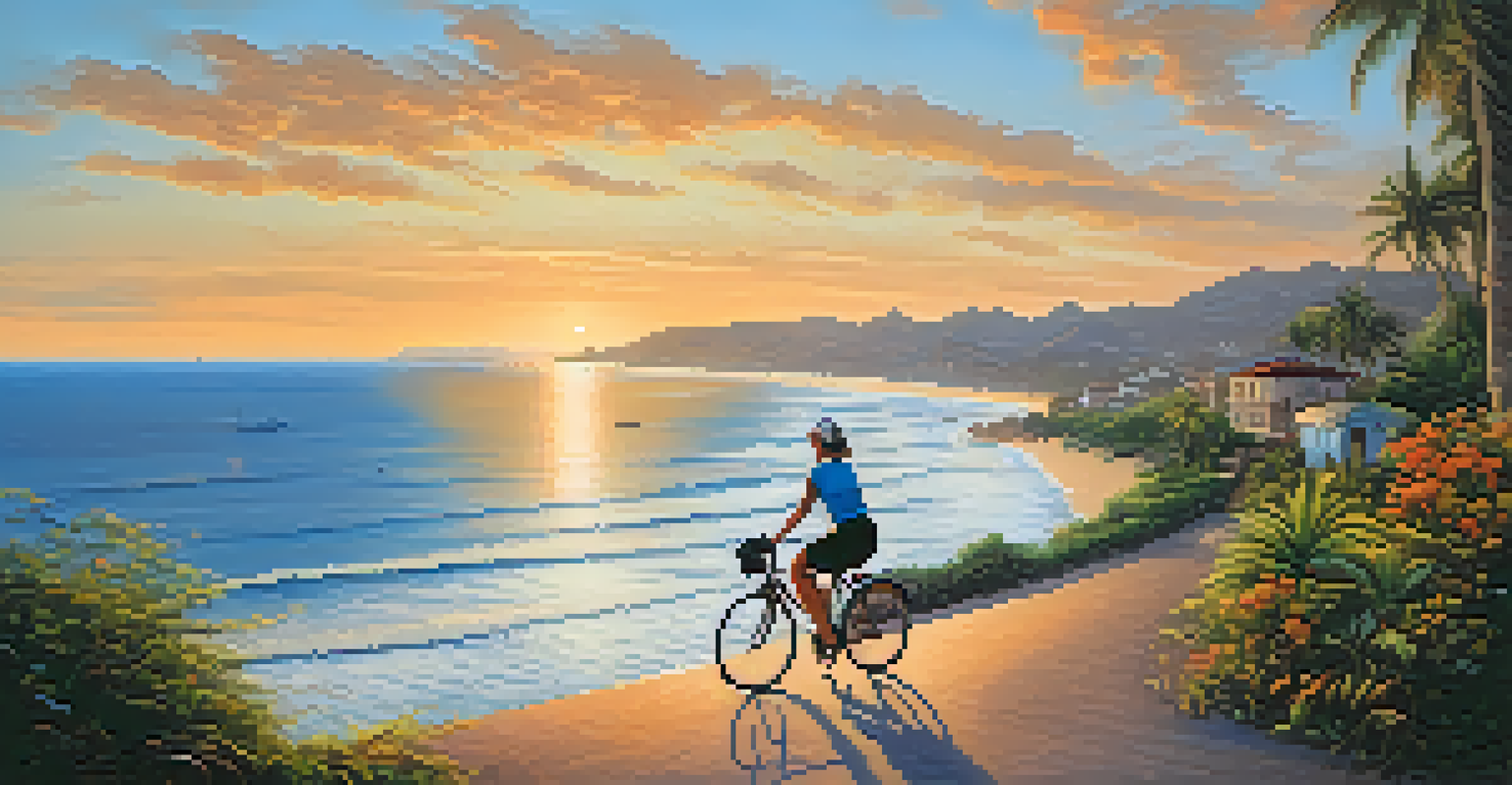 A woman cyclist on a beach in Bahia, watching the sunset over the ocean with fishing boats in the background.