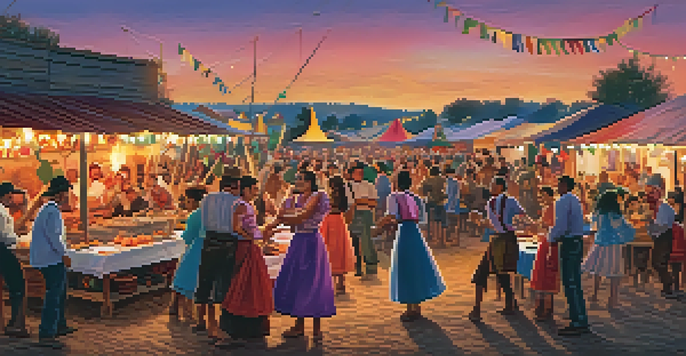 A lively outdoor celebration for Festa Junina with people in traditional costumes, colorful decorations, and a bonfire in the center.