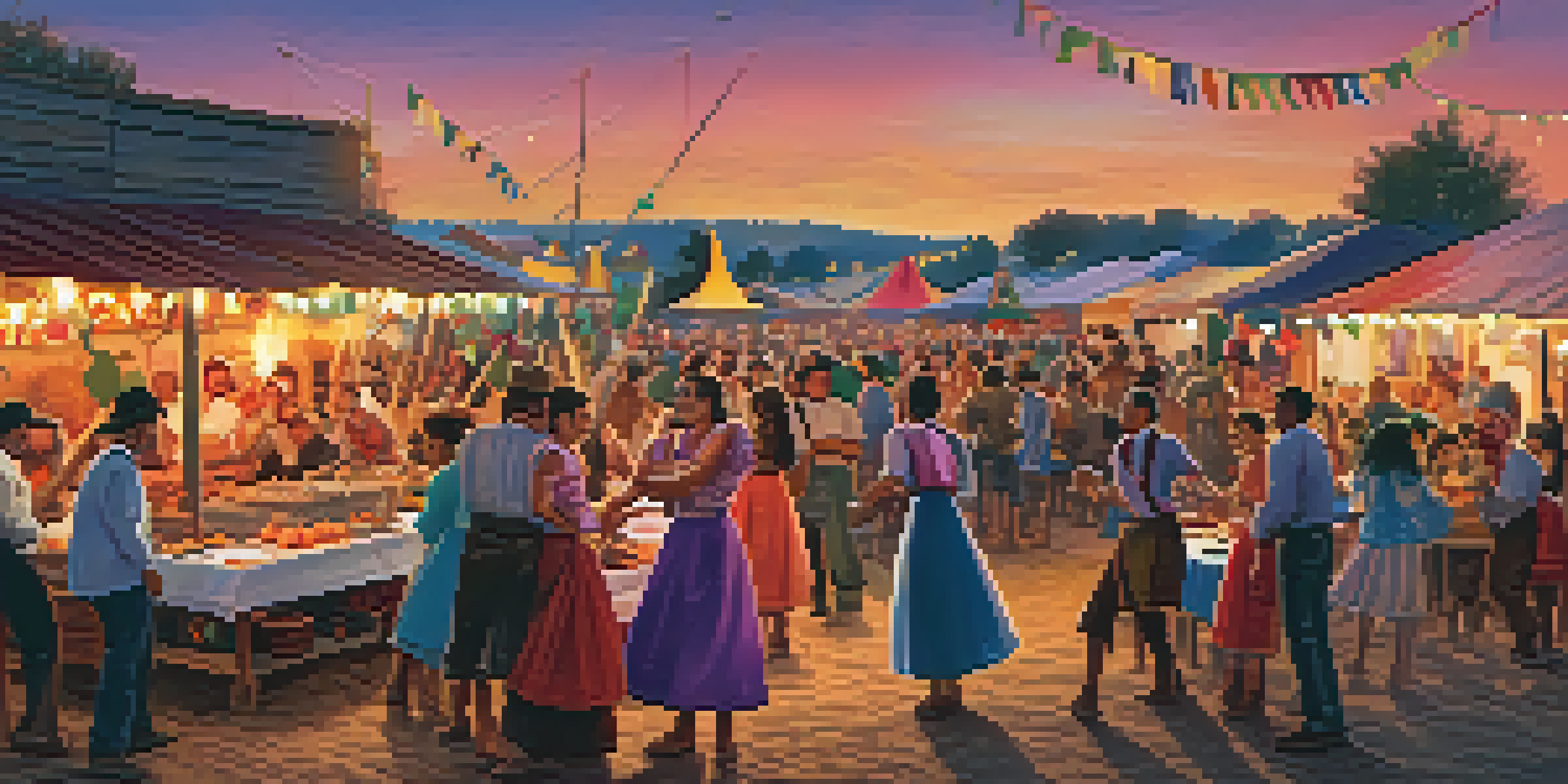 A lively outdoor celebration for Festa Junina with people in traditional costumes, colorful decorations, and a bonfire in the center.