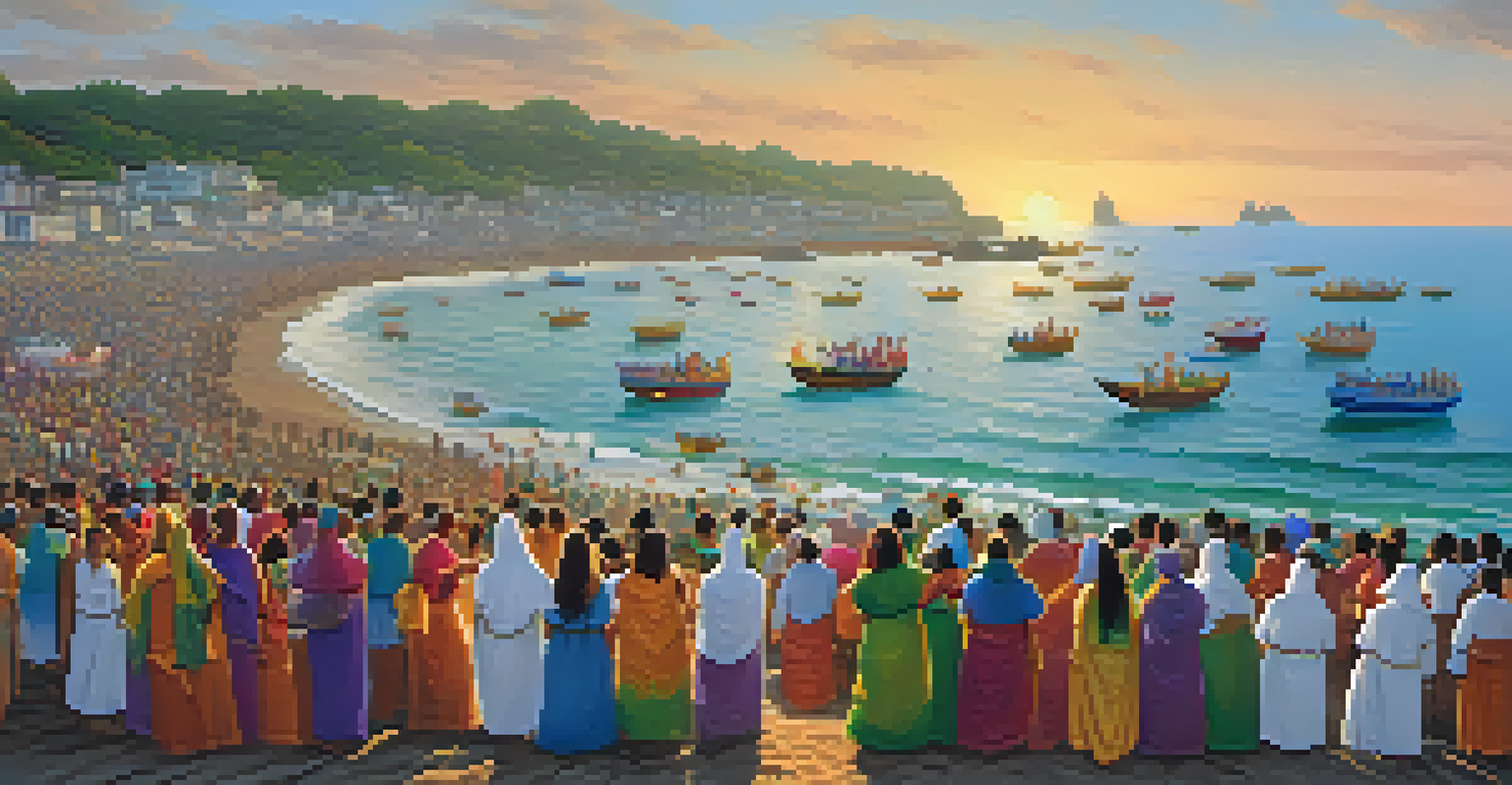 A tranquil beach scene during Dia de Iemanjá with boats carrying offerings and participants dressed in white.