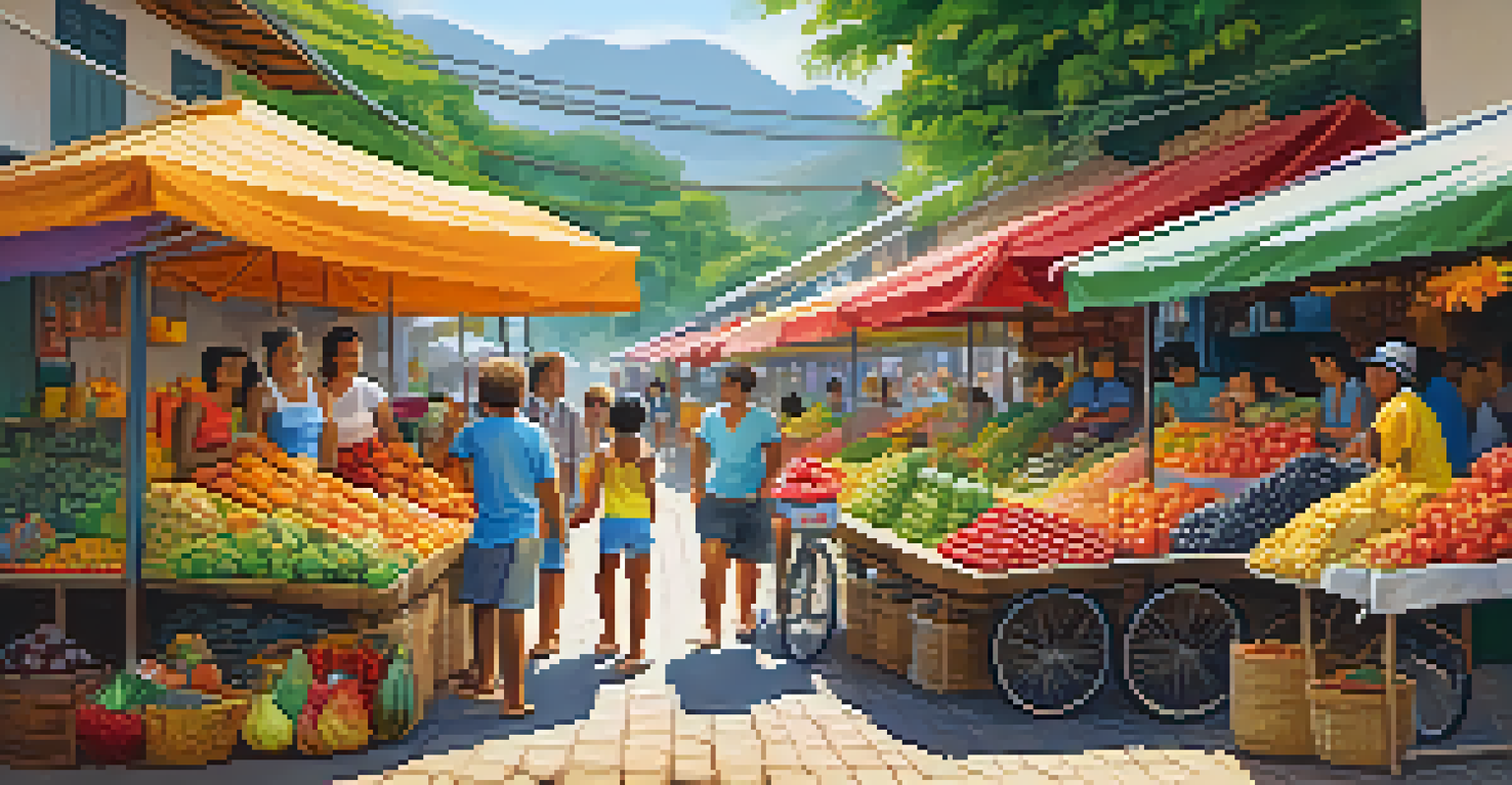 A family exploring a local market in Brazil while cycling, surrounded by colorful stalls and smiling vendors.