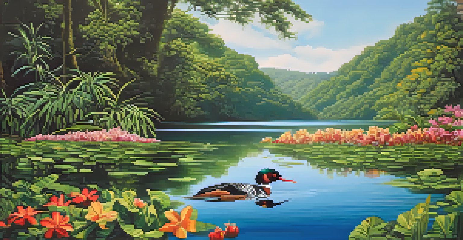 A Brazilian merganser swimming in a river surrounded by lush greenery and colorful flowers in the Atlantic Forest.