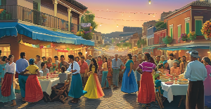 A lively Festa Junina celebration with colorful decorations, traditional attire, and a table of Brazilian food including pamonha and canjica, as families dance and enjoy the festivities.