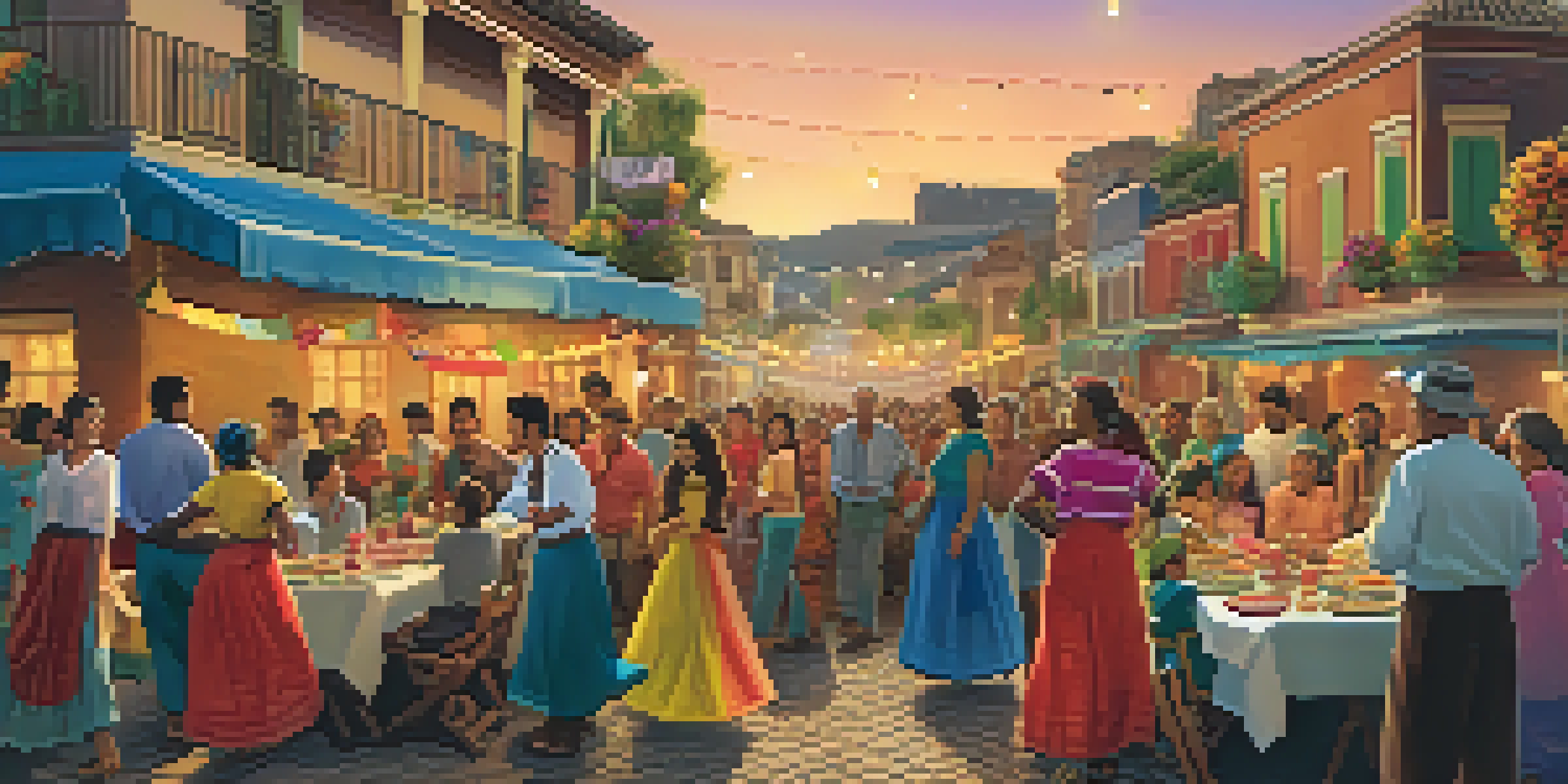 A lively Festa Junina celebration with colorful decorations, traditional attire, and a table of Brazilian food including pamonha and canjica, as families dance and enjoy the festivities.