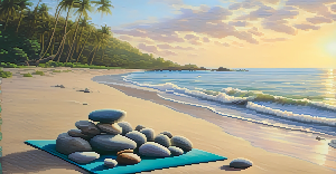 A peaceful beach scene at sunrise with a yoga mat and stones on the sand.