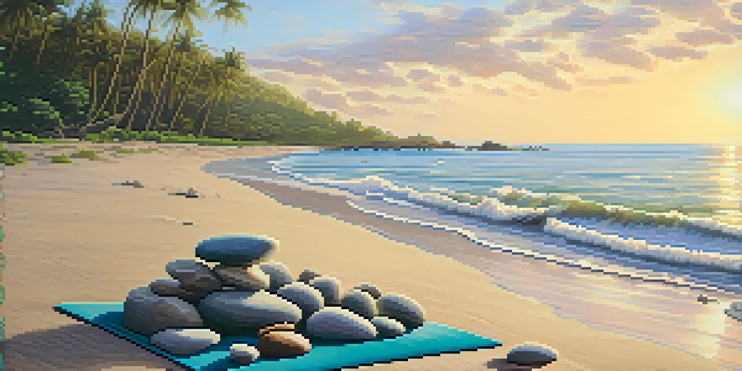 A peaceful beach scene at sunrise with a yoga mat and stones on the sand.