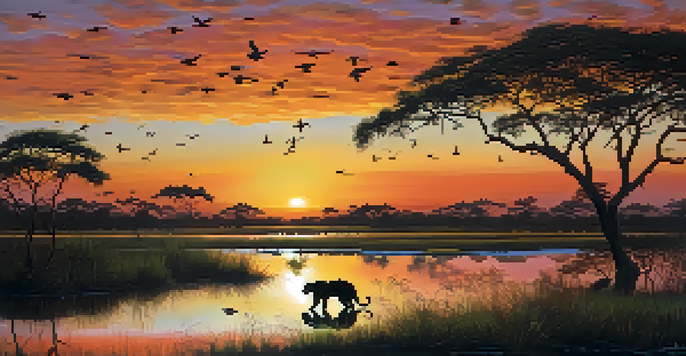 A beautiful sunset over the Pantanal wetlands with a jaguar drinking water, surrounded by lush vegetation and colorful birds flying in the sky.