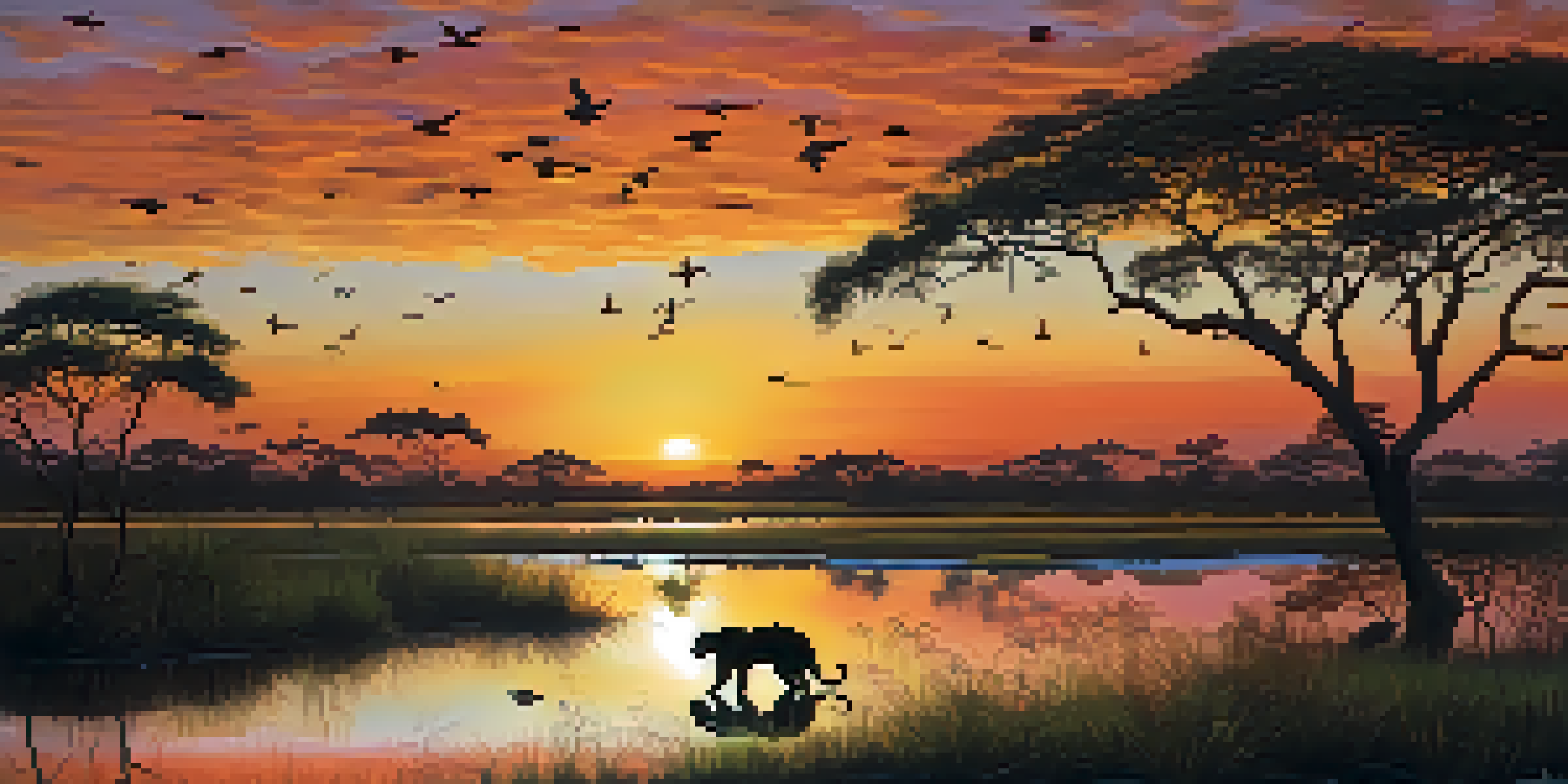 A beautiful sunset over the Pantanal wetlands with a jaguar drinking water, surrounded by lush vegetation and colorful birds flying in the sky.