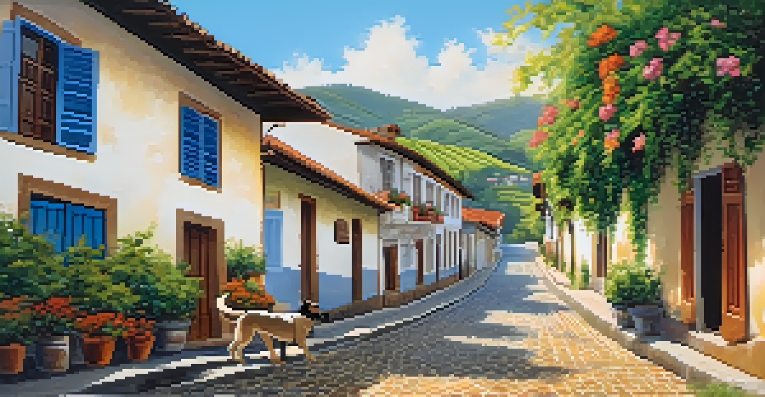 A couple walking their dog near a historic pousada in Minas Gerais, surrounded by blooming flowers.