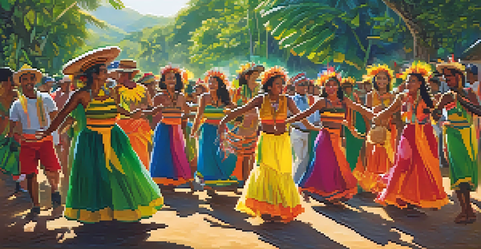 Locals in colorful costumes performing a traditional dance amidst a vibrant festival in the Amazon rainforest, with tourists enjoying the experience.