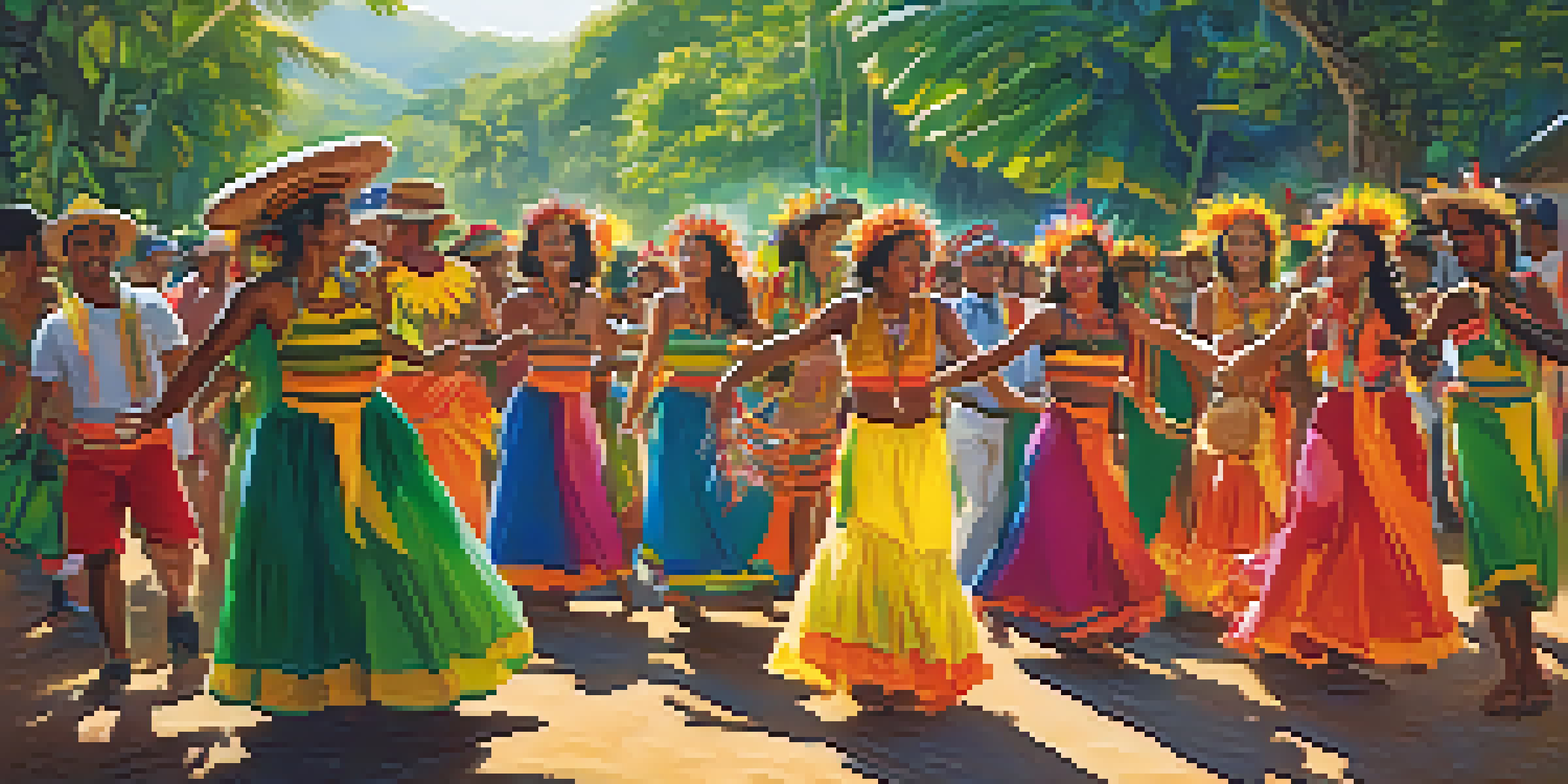 Locals in colorful costumes performing a traditional dance amidst a vibrant festival in the Amazon rainforest, with tourists enjoying the experience.