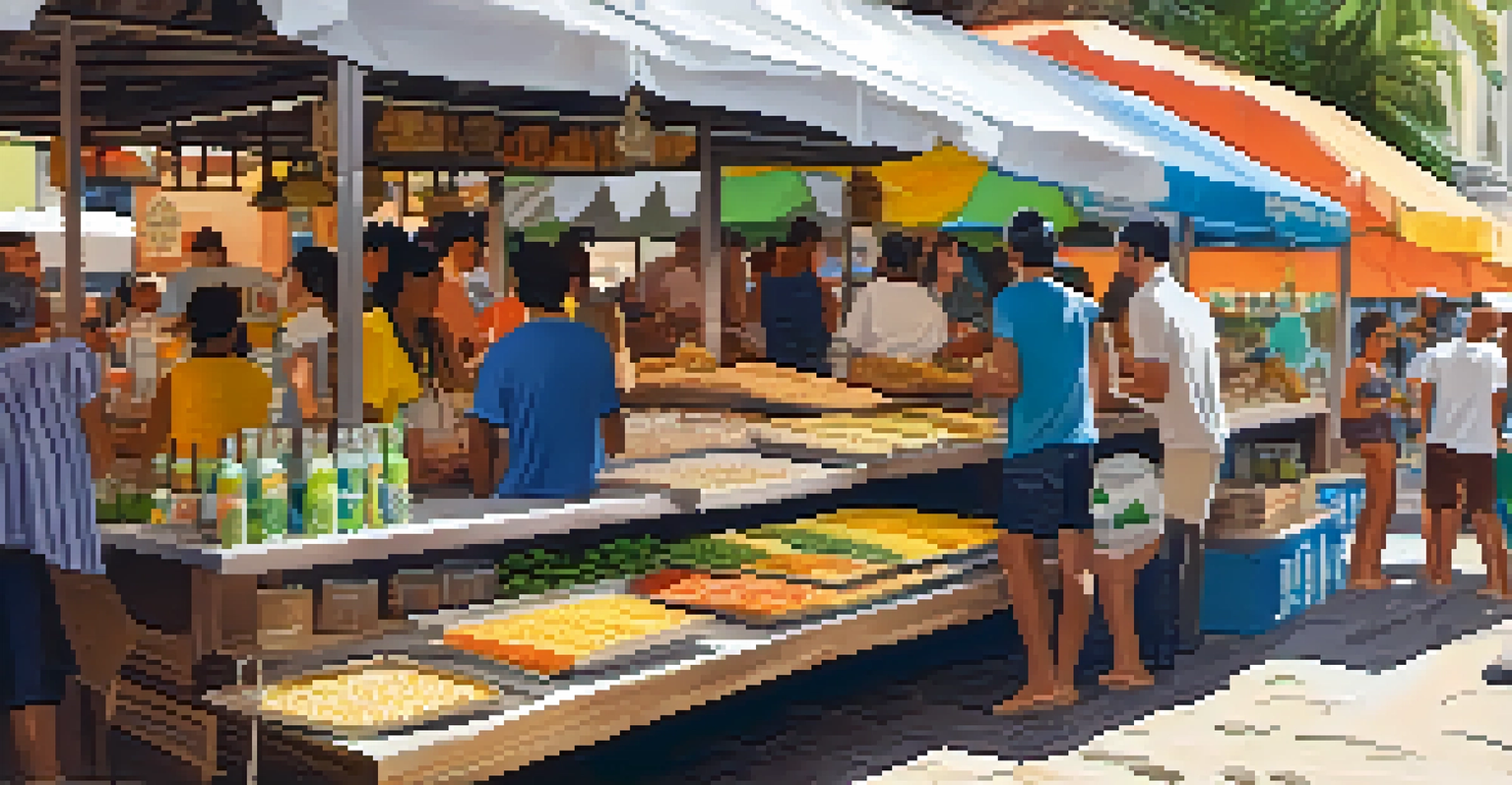 A vibrant food stall at an artisan market in Rio, showcasing traditional Brazilian dishes and drinks.