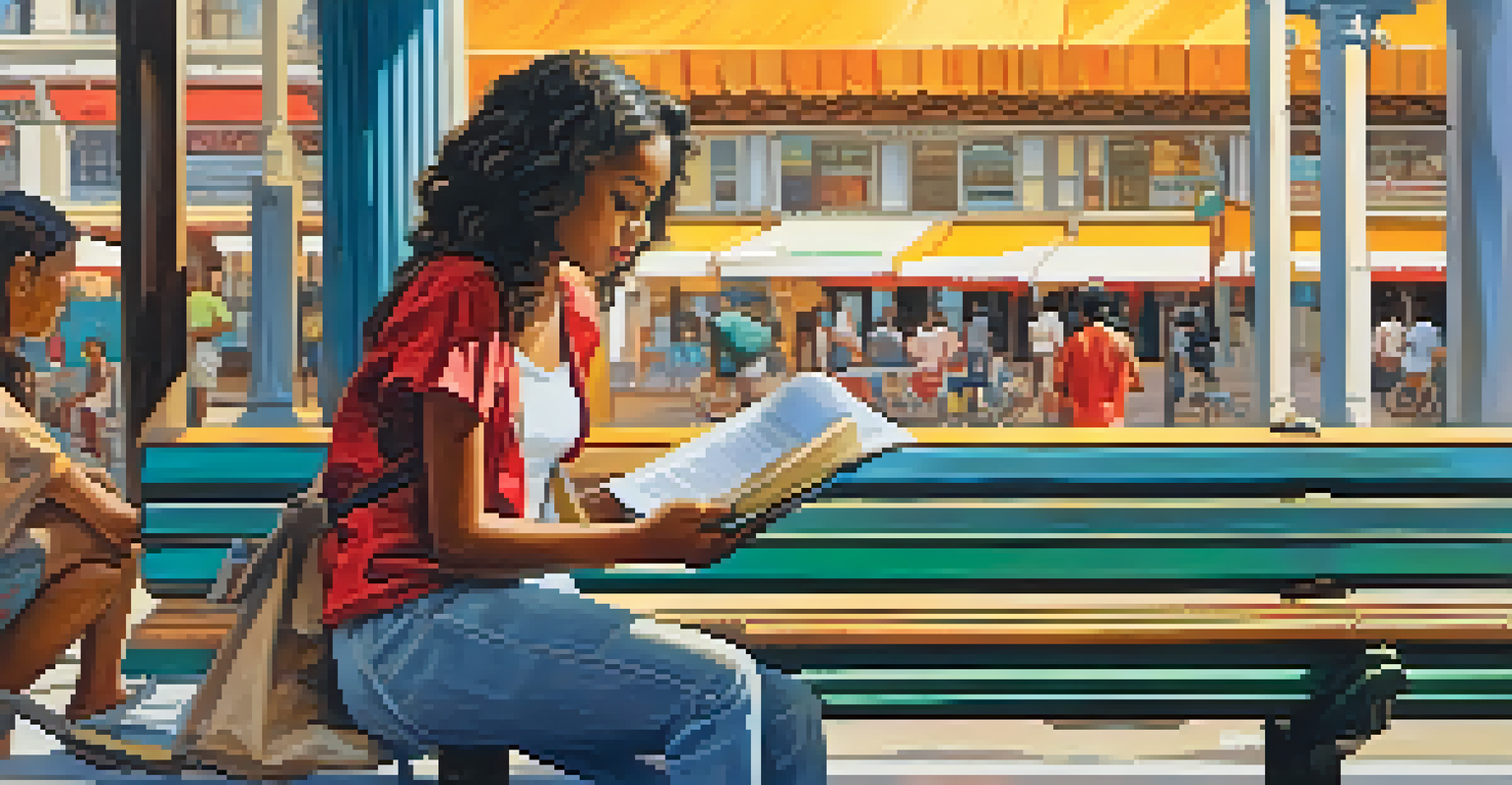 A young woman reading a book on a park bench surrounded by a lively urban setting.