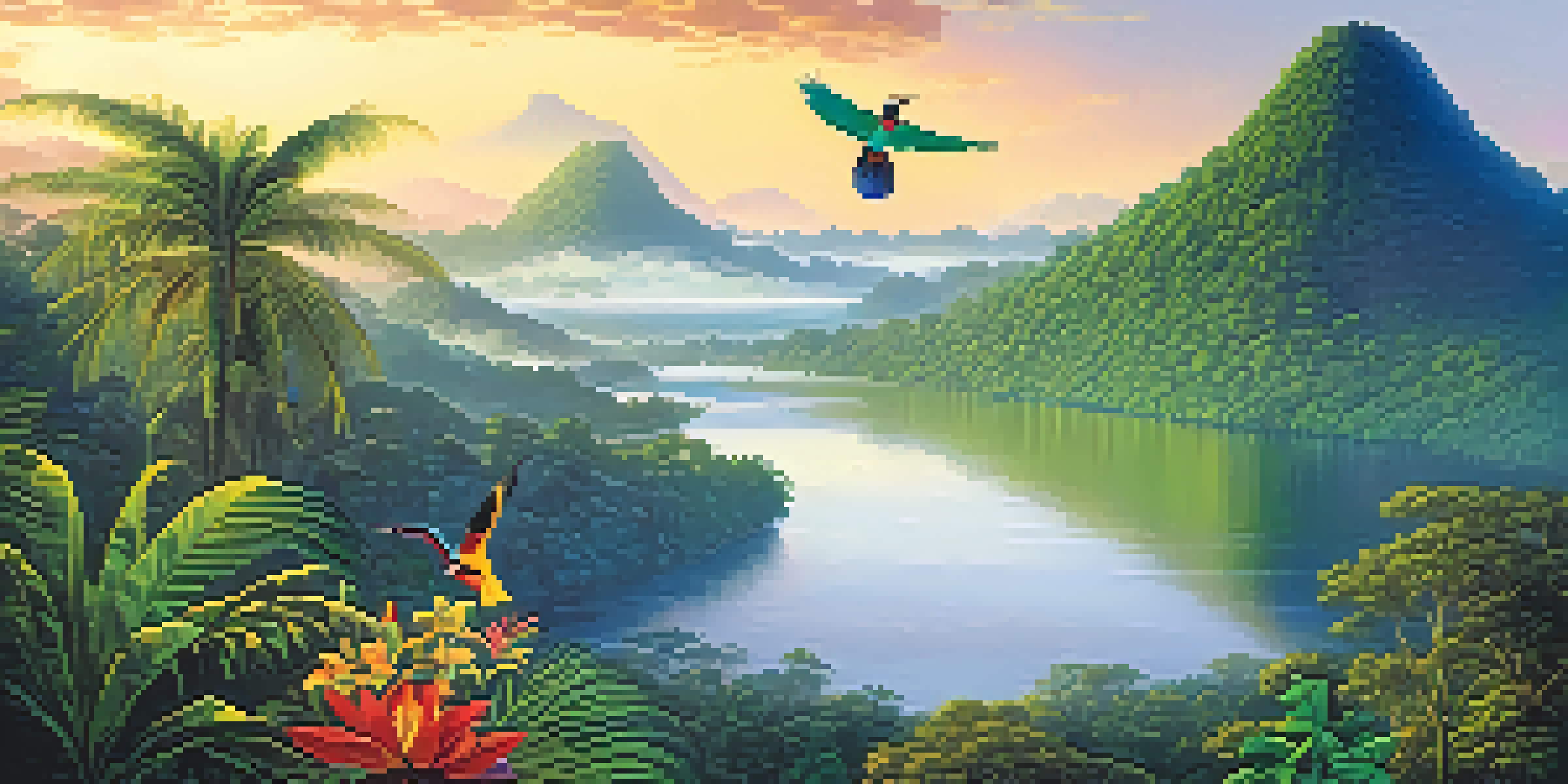 A tranquil sunrise in the Amazon rainforest with mist, colorful birds, and a reflective river, showcasing the biodiversity of Brazil.