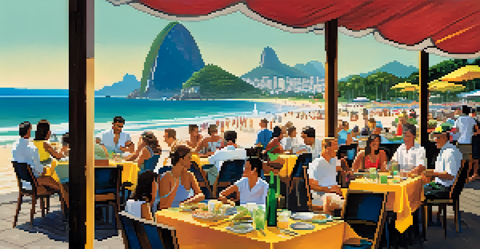 A lively beachfront restaurant in Rio de Janeiro with patrons enjoying food and drinks, featuring a view of Sugarloaf Mountain.