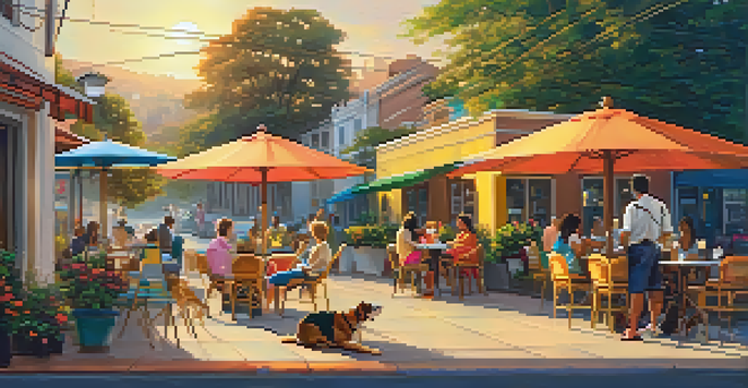 A pet-friendly café in Brazil with dogs relaxing on the patio while their owners enjoy drinks under colorful umbrellas during sunset.