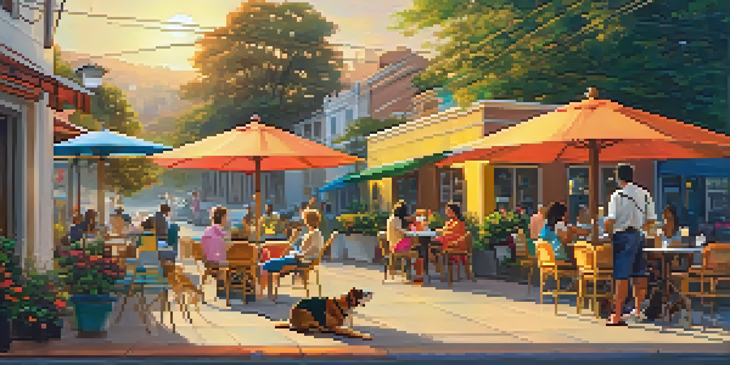 A pet-friendly café in Brazil with dogs relaxing on the patio while their owners enjoy drinks under colorful umbrellas during sunset.