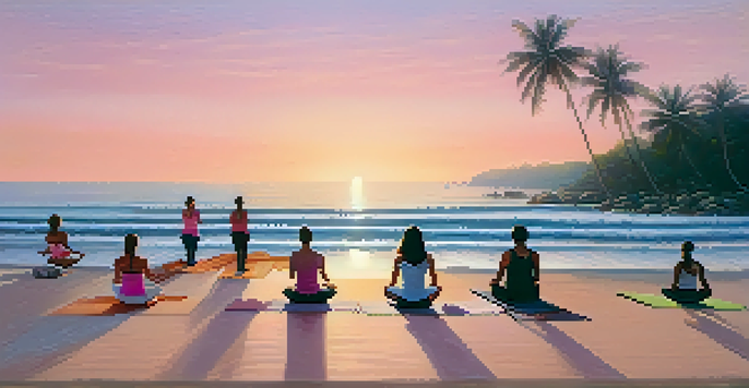 A group of people practicing yoga on a beach in Brazil at sunrise, with soft waves and palm trees in the background.