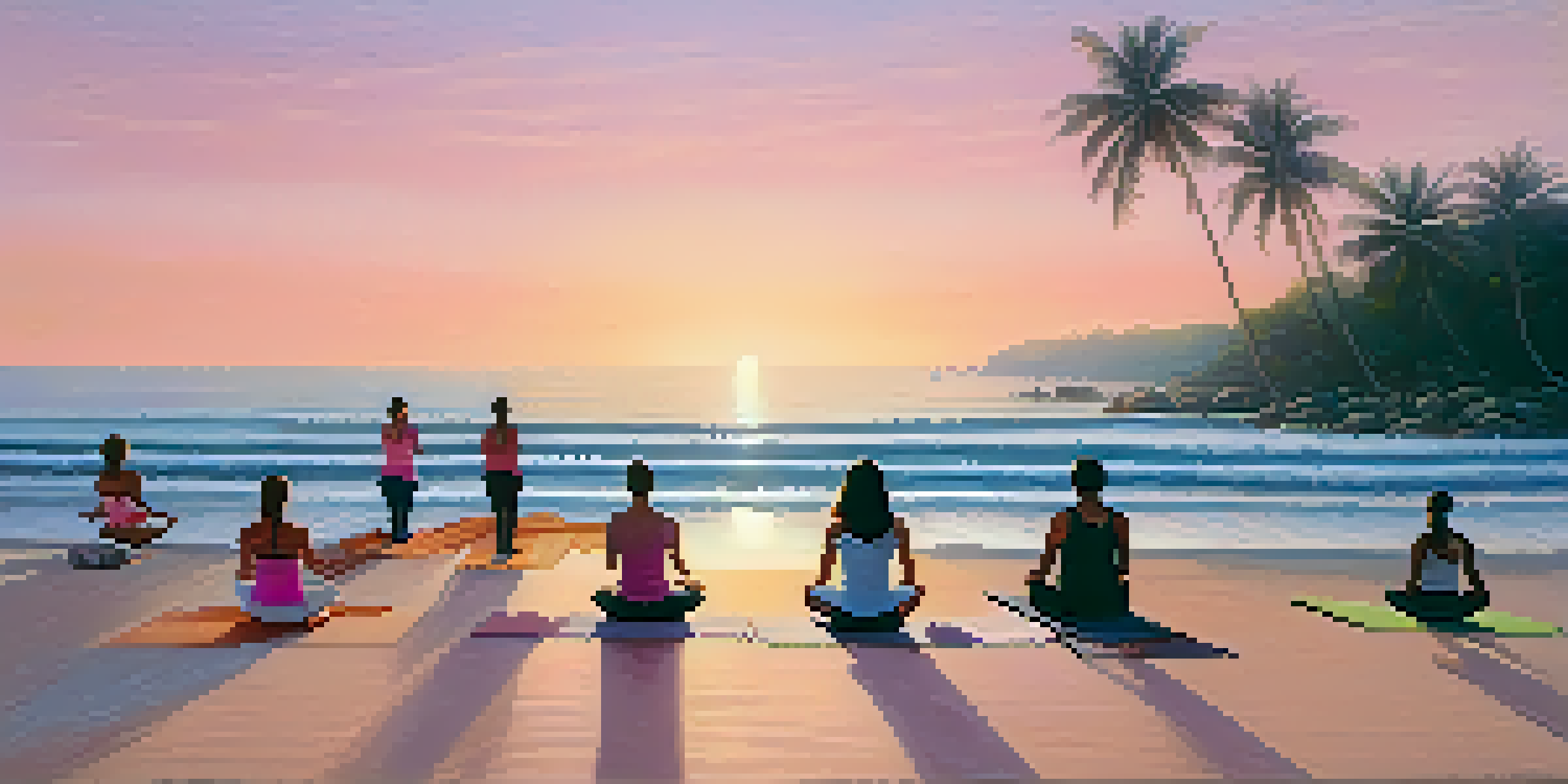 A group of people practicing yoga on a beach in Brazil at sunrise, with soft waves and palm trees in the background.