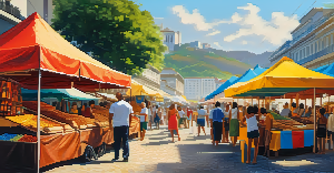 A busy market scene in Rio de Janeiro with colorful stalls selling traditional crafts and street food, filled with people enjoying the vibrant atmosphere.