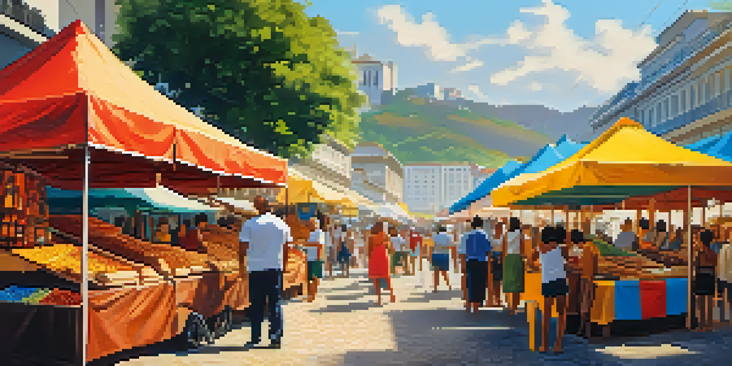 A busy market scene in Rio de Janeiro with colorful stalls selling traditional crafts and street food, filled with people enjoying the vibrant atmosphere.