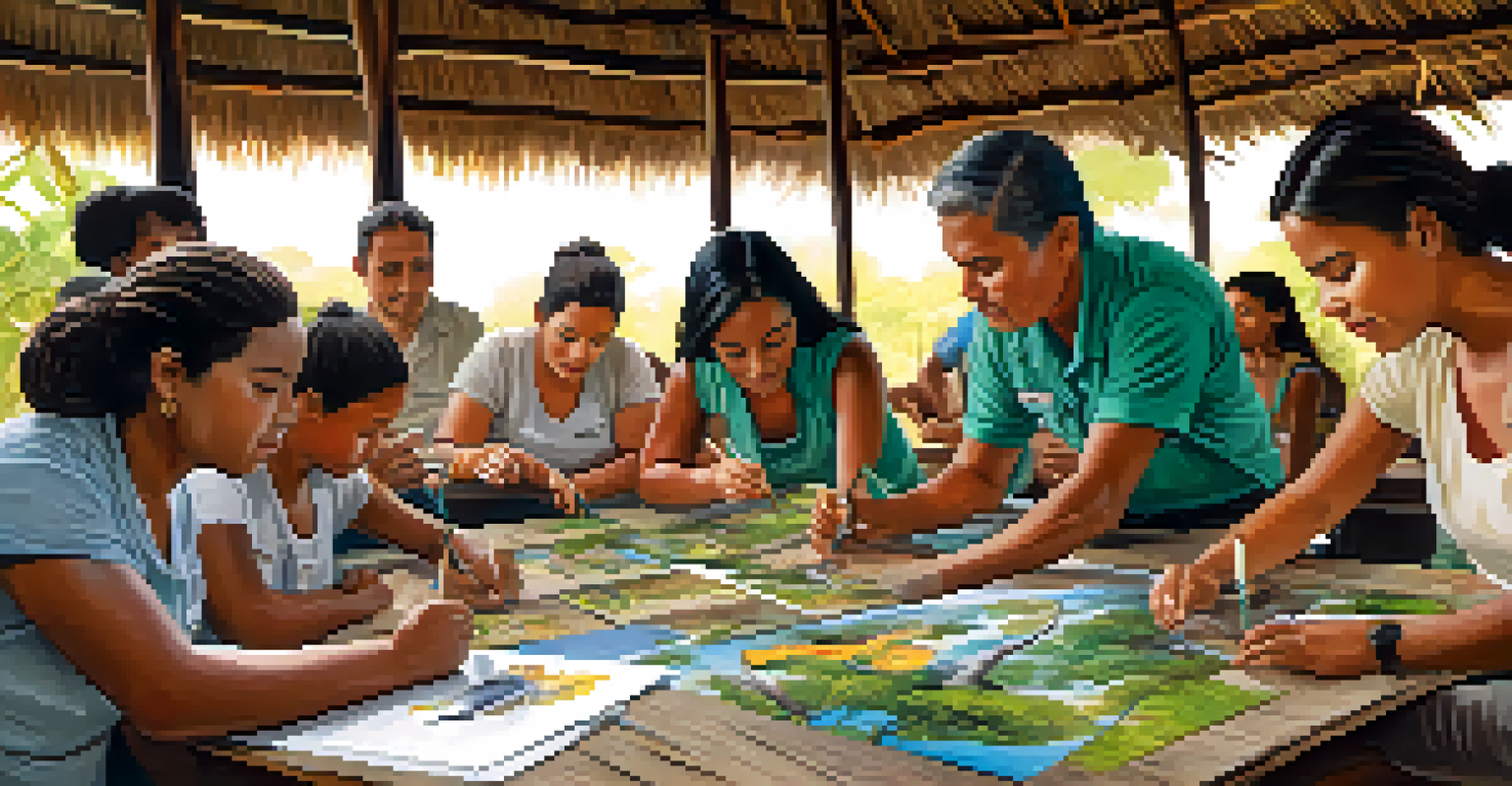 Local residents participate in a community conservation workshop, engaging with educational materials about wildlife protection in a bright and collaborative setting.