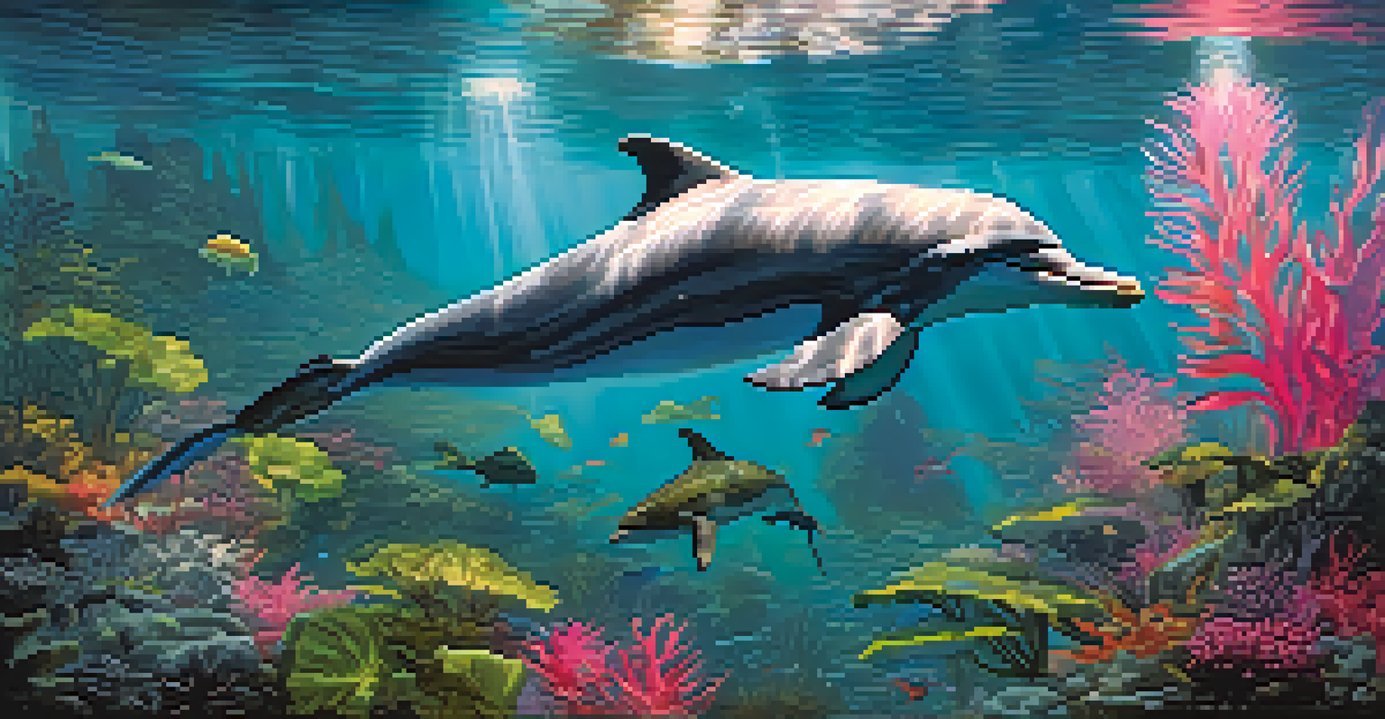 An underwater view of a pink Boto dolphin swimming gracefully in the Amazon River, surrounded by colorful aquatic plants and fish.