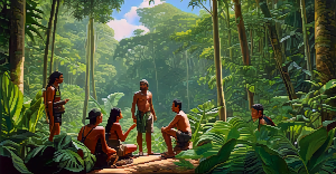 An Indigenous guide in the Amazon rainforest shares knowledge about medicinal plants with tourists, surrounded by dense greenery and sunlight.