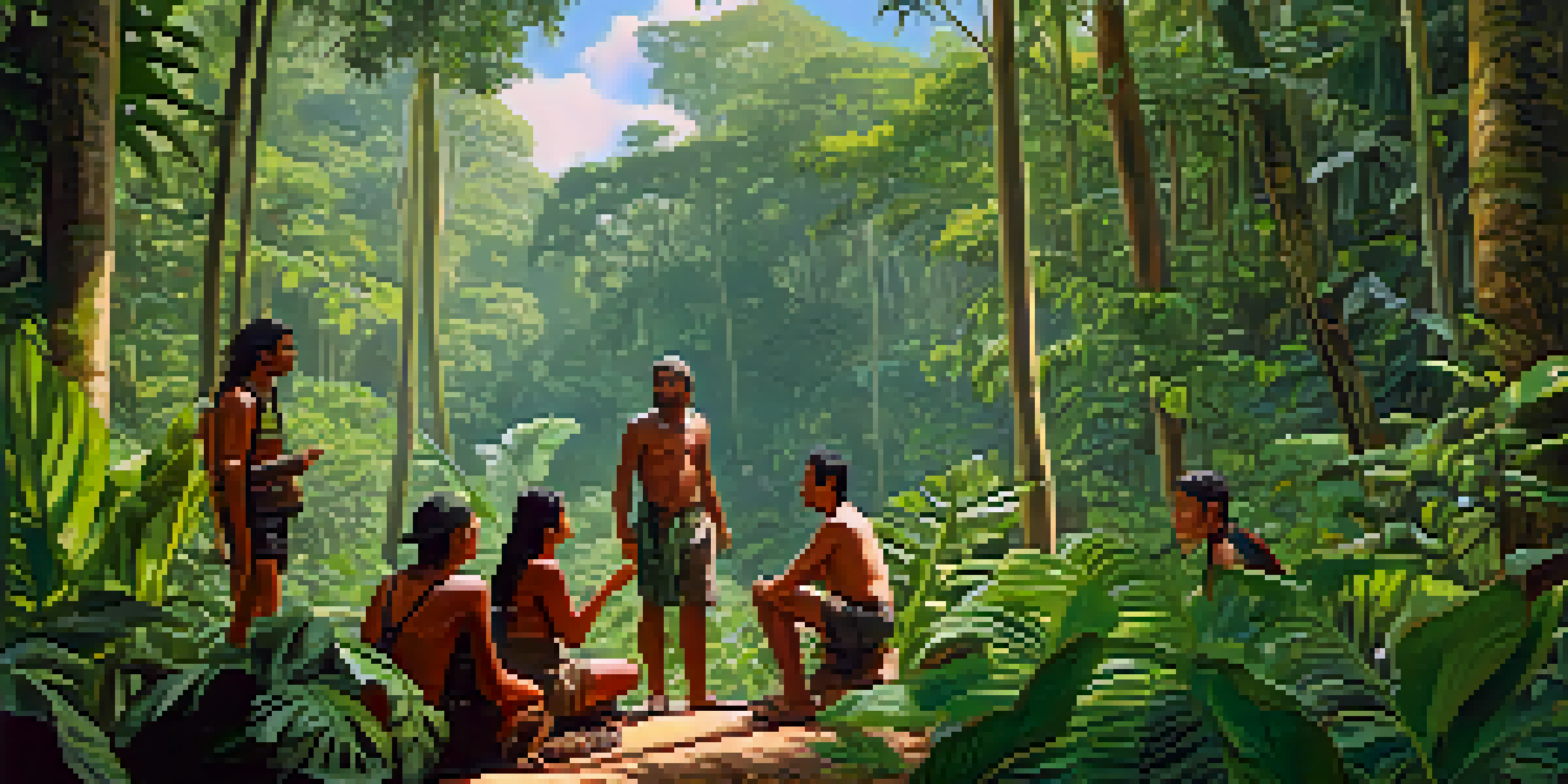 An Indigenous guide in the Amazon rainforest shares knowledge about medicinal plants with tourists, surrounded by dense greenery and sunlight.