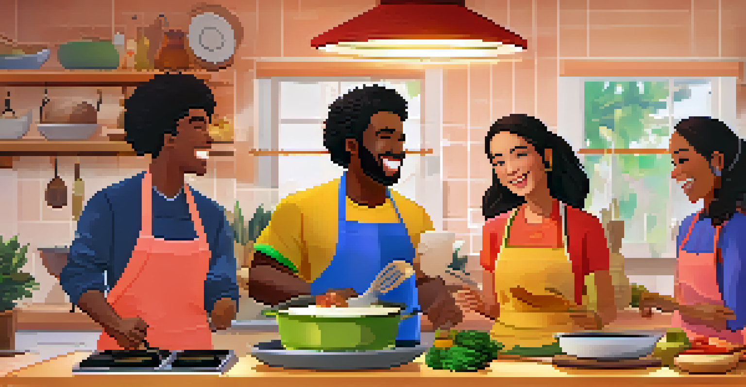 Participants in a virtual cooking class preparing a traditional Brazilian dish, with laughter and vibrant kitchen elements in the background.