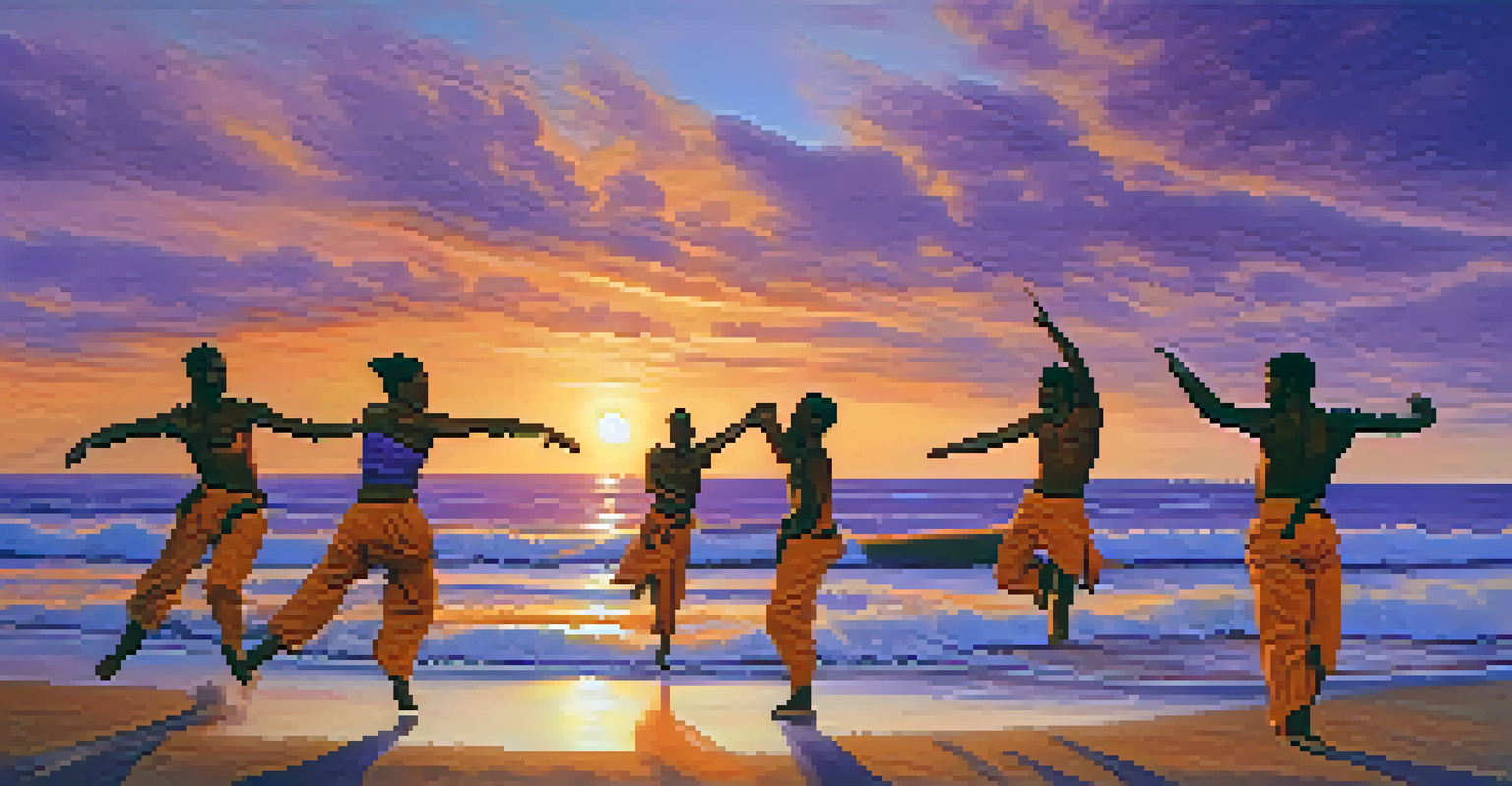 Capoeira dancers perform acrobatic moves on a beach at sunset, with ocean waves in the background and a colorful sky.