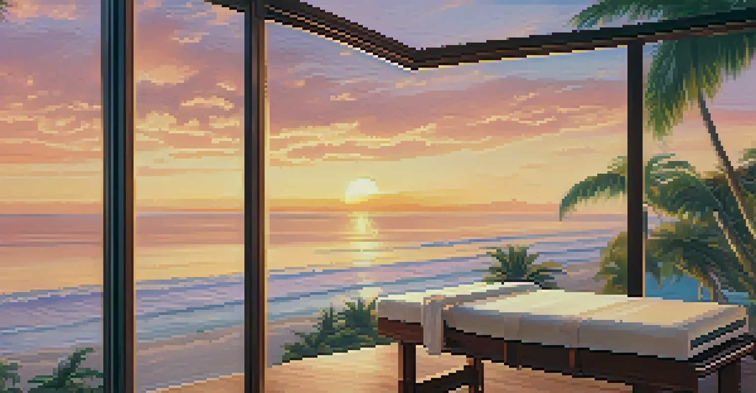 A massage setup at a beachfront spa in Bahia, Brazil, with tropical plants and ocean waves in the background.