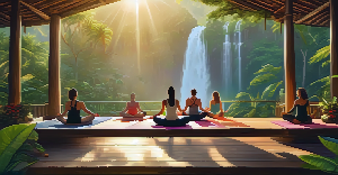 A group of people practicing yoga at sunrise in a lush Brazilian jungle, surrounded by greenery and a waterfall.