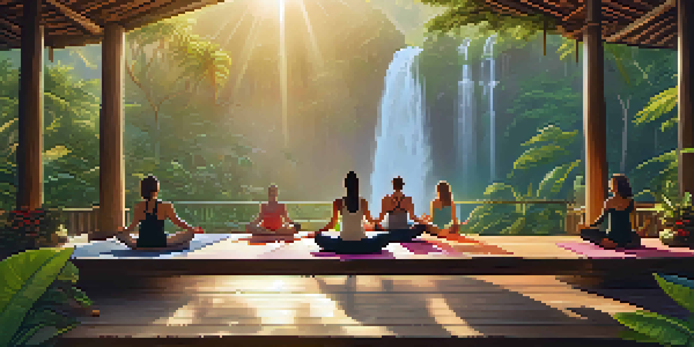 A group of people practicing yoga at sunrise in a lush Brazilian jungle, surrounded by greenery and a waterfall.