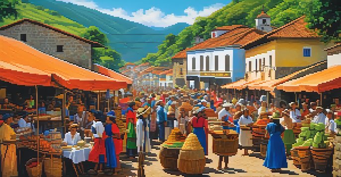 A lively coffee festival scene with colorful stalls, artisans, and a parade in a mountainous region.