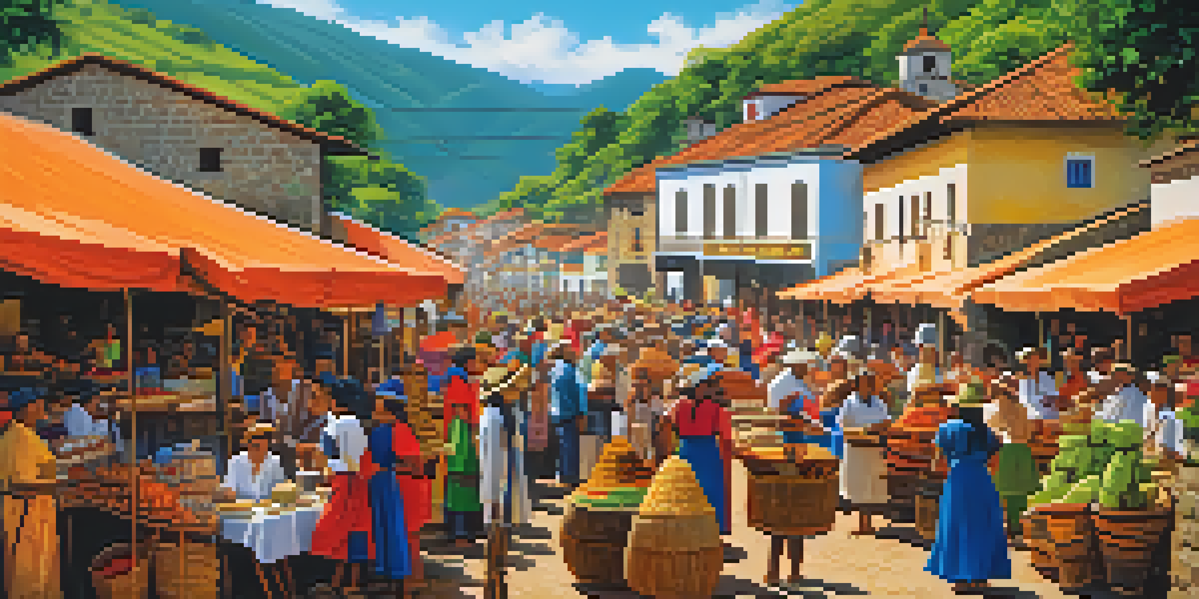 A lively coffee festival scene with colorful stalls, artisans, and a parade in a mountainous region.