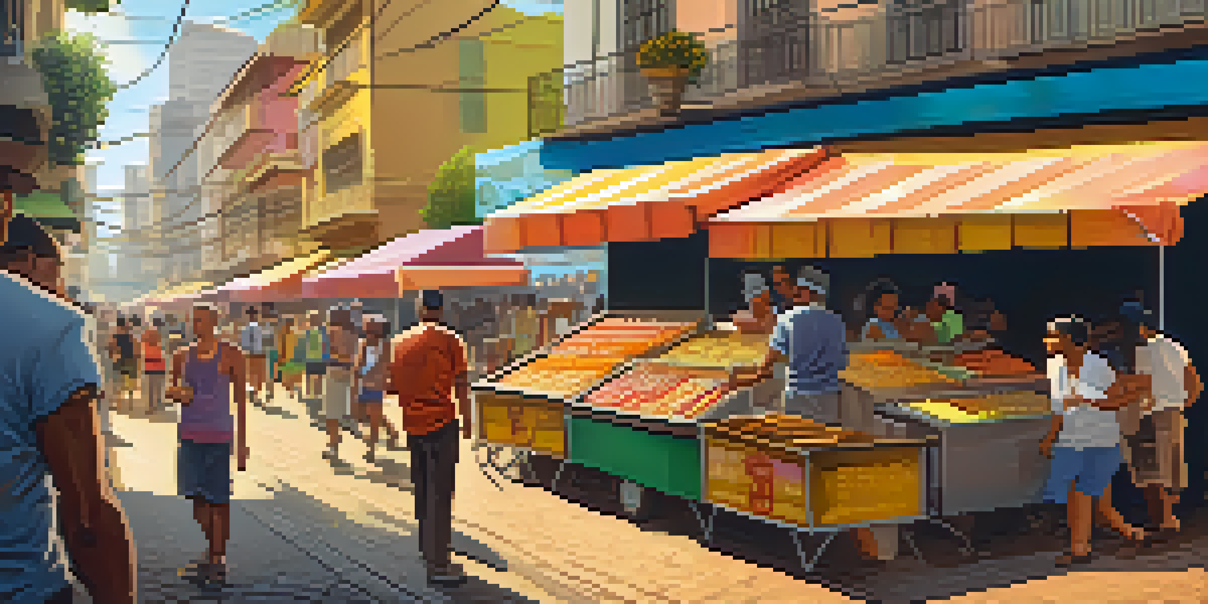 A lively street food market in São Paulo with colorful stalls and happy customers enjoying traditional Brazilian snacks.