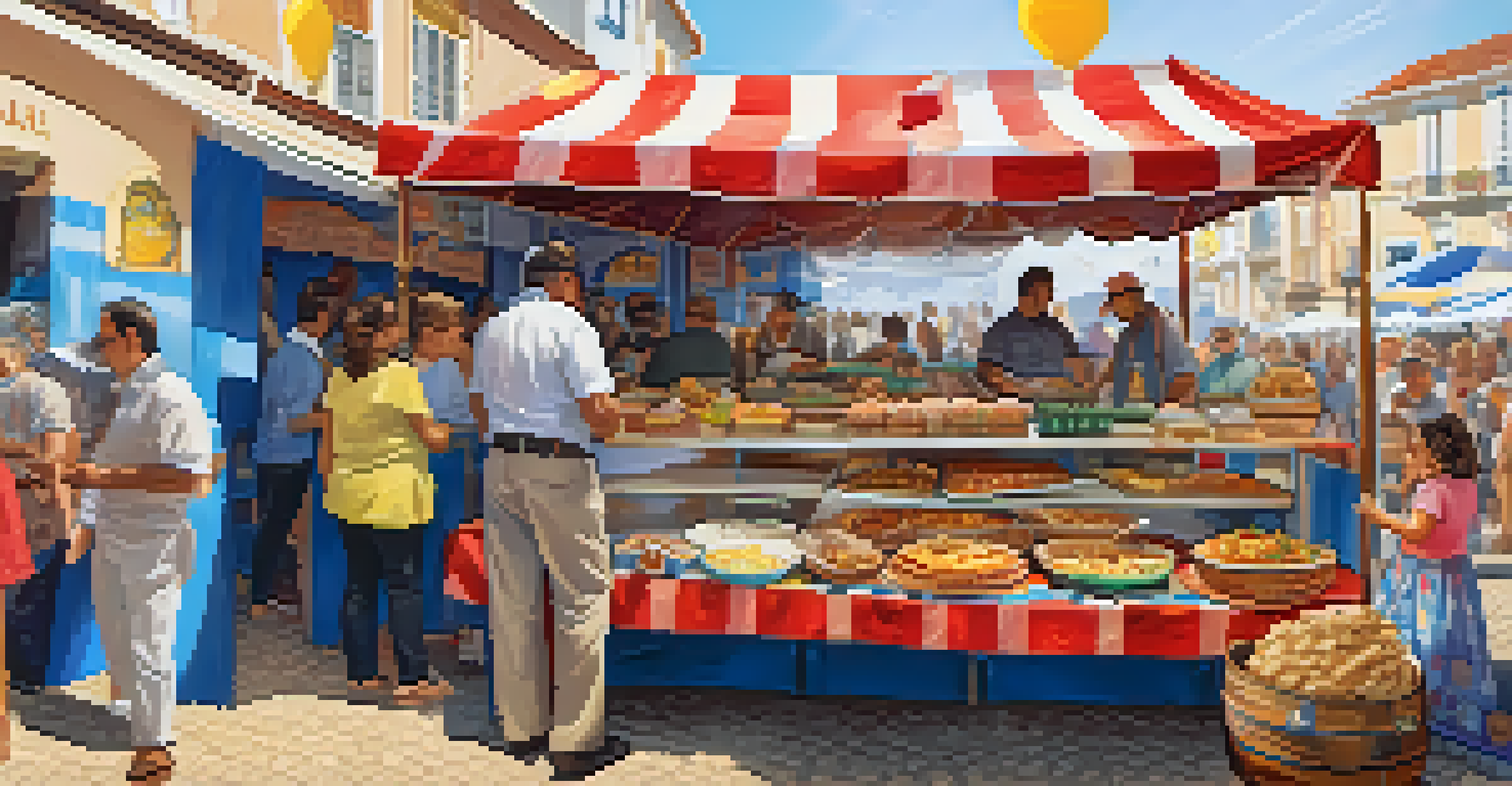 A vibrant food stall at the Festa do Círio de Nazaré showcasing traditional dishes, with a smiling vendor serving food to a festival-goer.