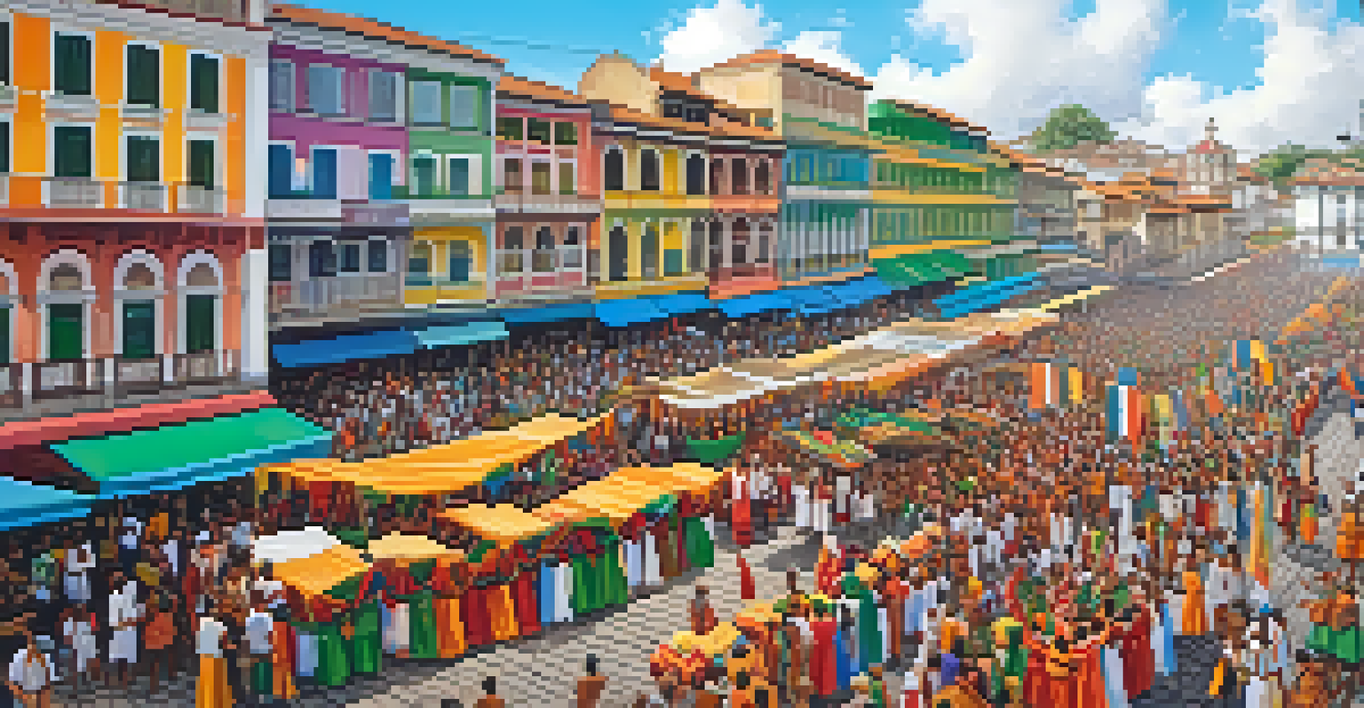 Aerial view of a Bahian festival in Salvador with colorful stalls selling acarajé and festive decorations, surrounded by a lively crowd.
