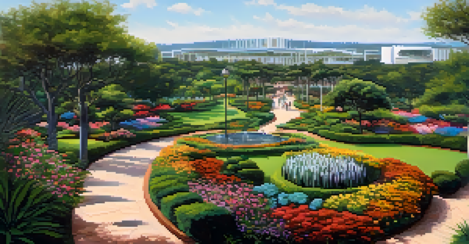 A colorful botanical garden in Brasília with diverse flowers and plants, showcasing visitors walking along a winding path.