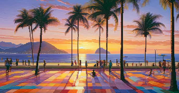 A sunset view of Copacabana Beach with golden sands, beachgoers, and a colorful sky.