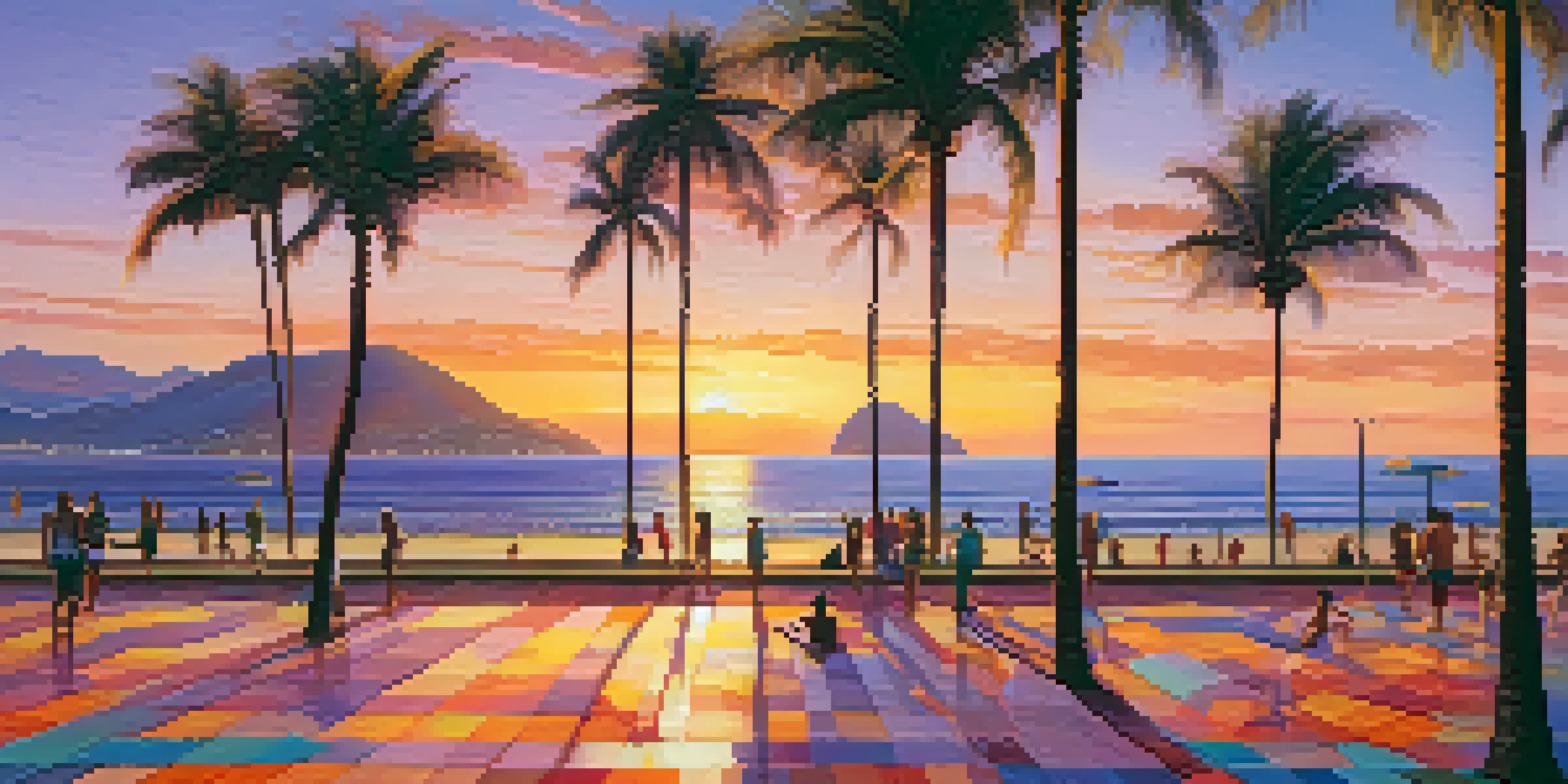 A sunset view of Copacabana Beach with golden sands, beachgoers, and a colorful sky.