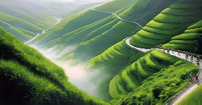 Cyclists riding on a winding road in Serra do Rio do Rastro, with misty green valleys surrounding them.