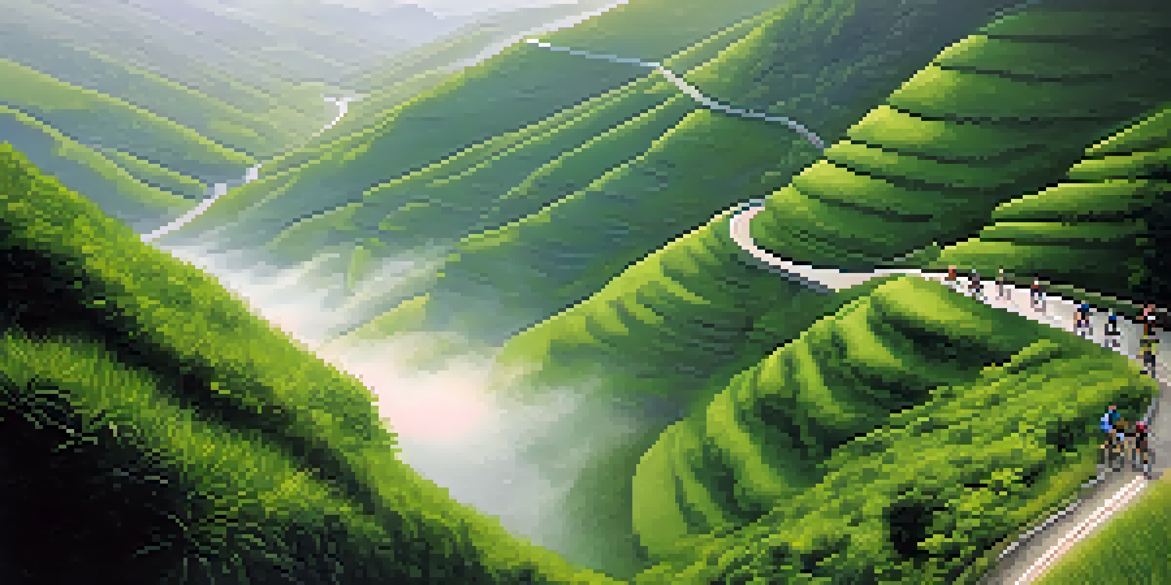 Cyclists riding on a winding road in Serra do Rio do Rastro, with misty green valleys surrounding them.