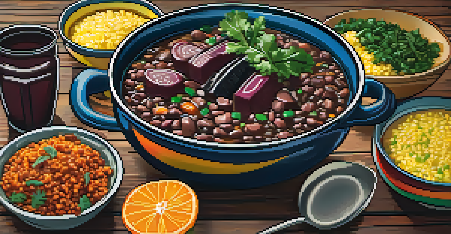 A traditional Brazilian feijoada dish served on a rustic table, accompanied by rice, collard greens, and orange slices, with vibrant colors.