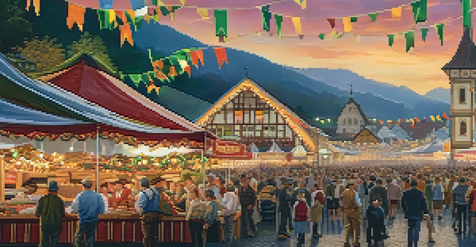 A lively Oktoberfest scene with colorful food stalls and people in traditional costumes enjoying the festival atmosphere.